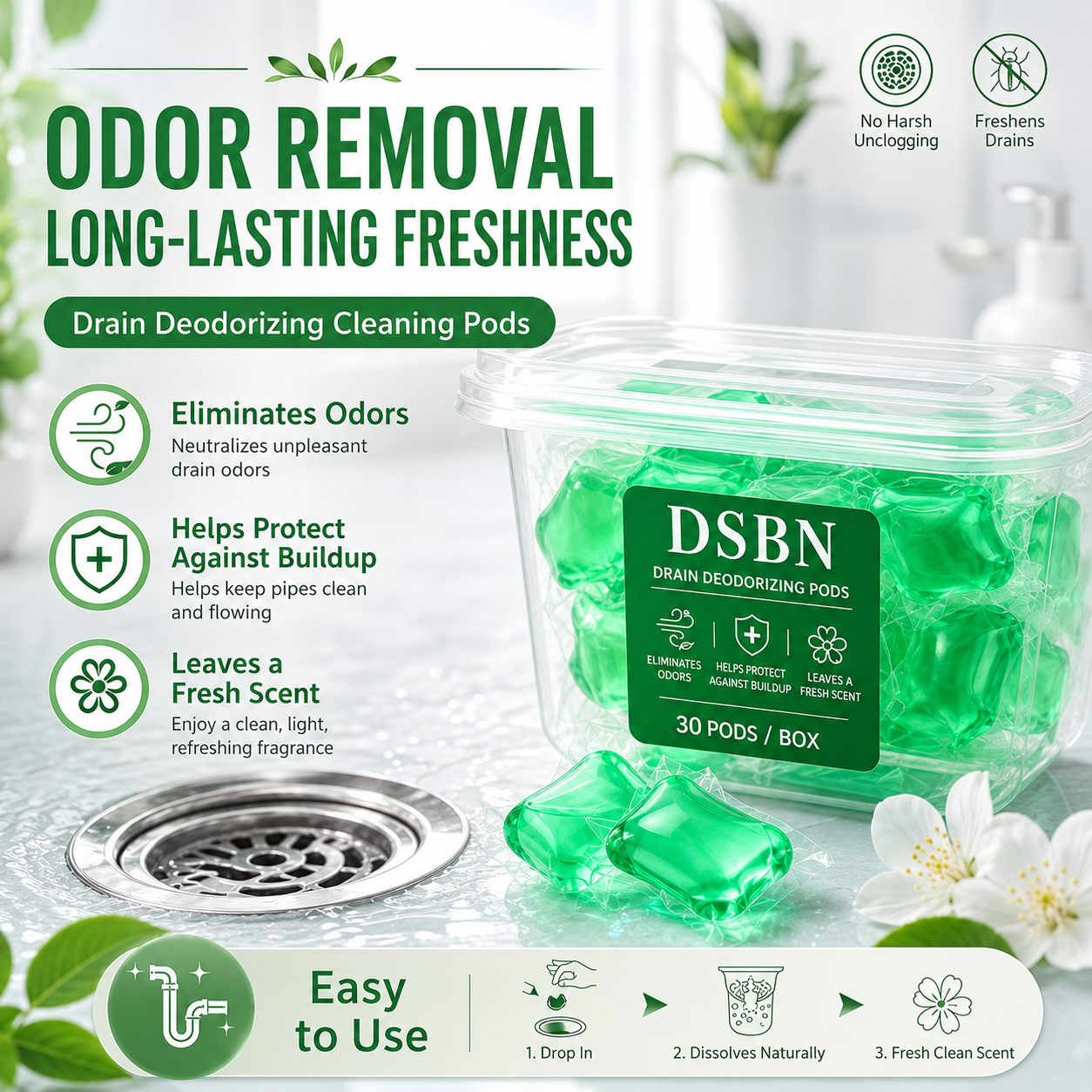 Drain Deodorizing Cleaning Pods – Fresh Scent Gel Capsules for Bathroom, Kitchen & Laundry Drains - WR