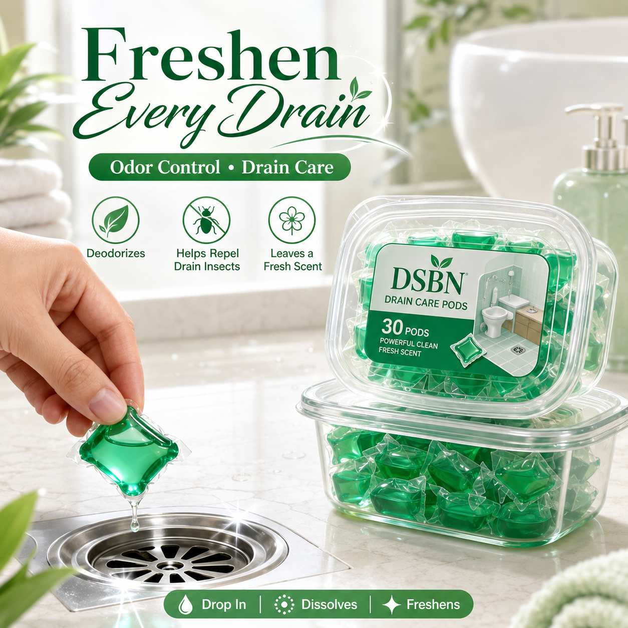 Drain Deodorizing Cleaning Pods – Fresh Scent Gel Capsules for Bathroom, Kitchen & Laundry Drains - WR