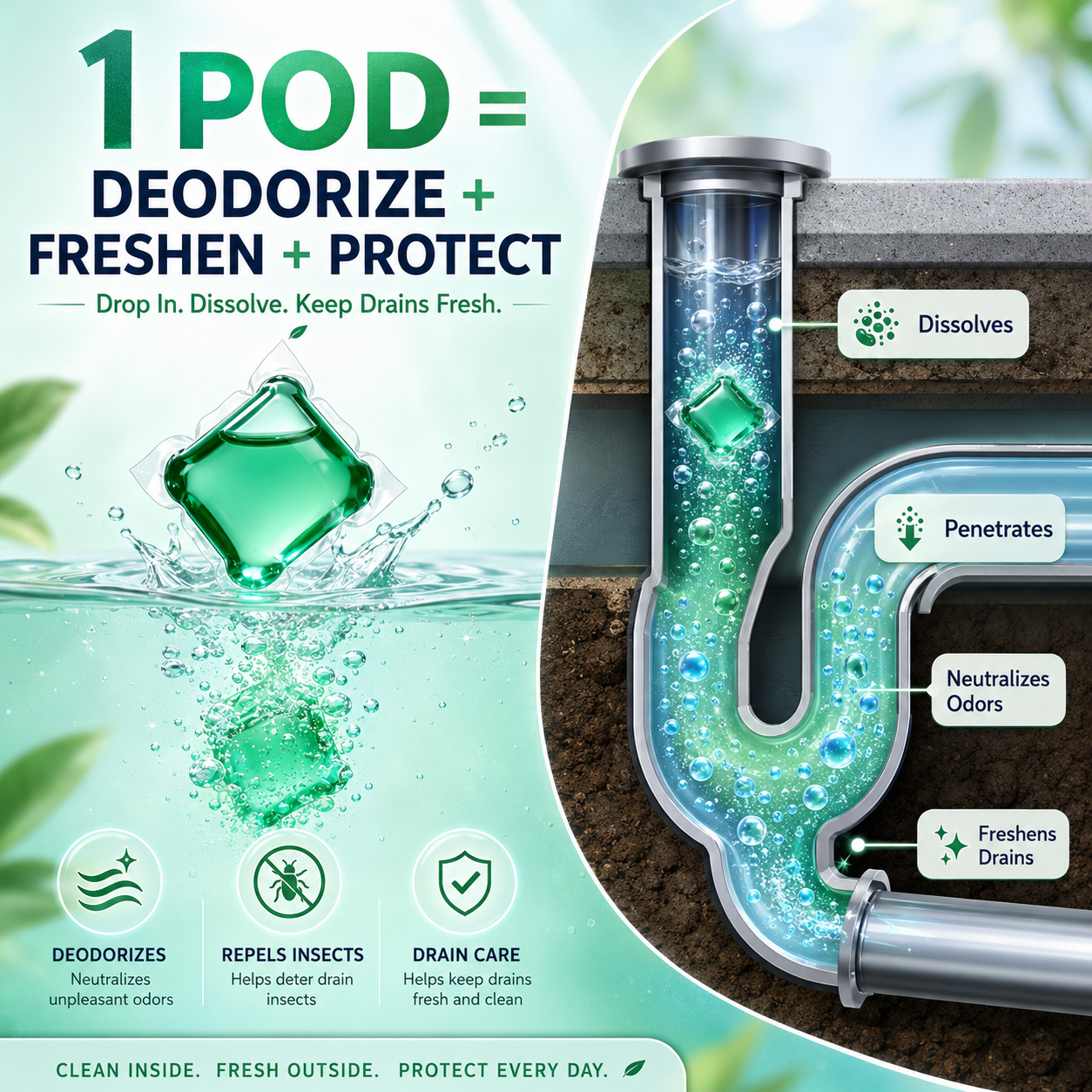 Drain Deodorizing Cleaning Pods – Fresh Scent Gel Capsules for Bathroom, Kitchen & Laundry Drains - WR