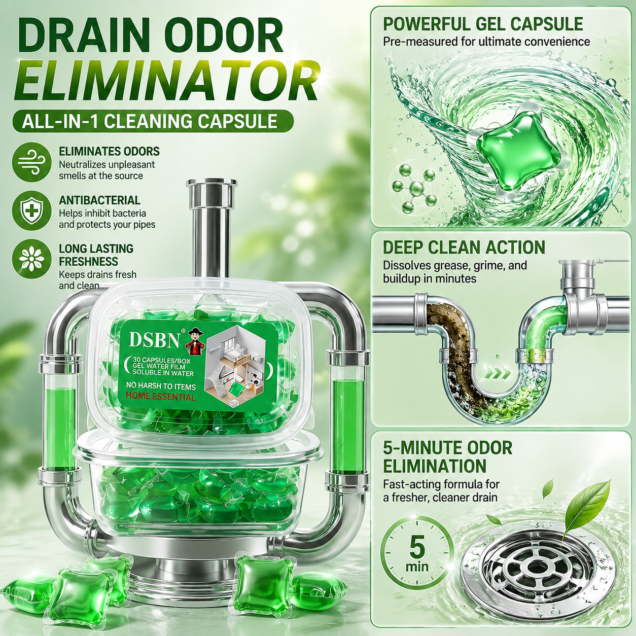 Drain Deodorizing Cleaning Pods – Fresh Scent Gel Capsules for Bathroom, Kitchen & Laundry Drains - WR