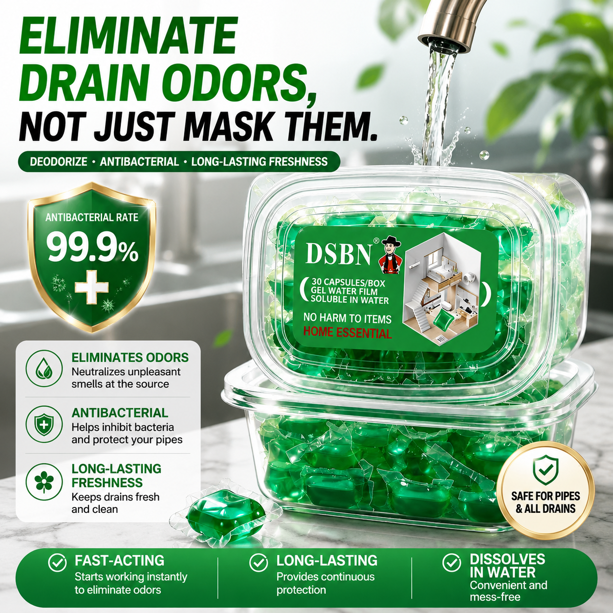 Drain Deodorizing Cleaning Pods – Fresh Scent Gel Capsules for Bathroom, Kitchen & Laundry Drains - WR